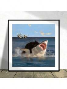 1 pieza Sin marco, Póster de emojin de gato gordo y tiburón, Estilo de pintura renacentista, Impresiones de lienzo, Decoración de impresión ecléctica, Divertida decoración de pared para el hogar, Obra de arte para regalo, para dormitorio, sala de estar, decoración de pared, hogar y decoración de dormitorio