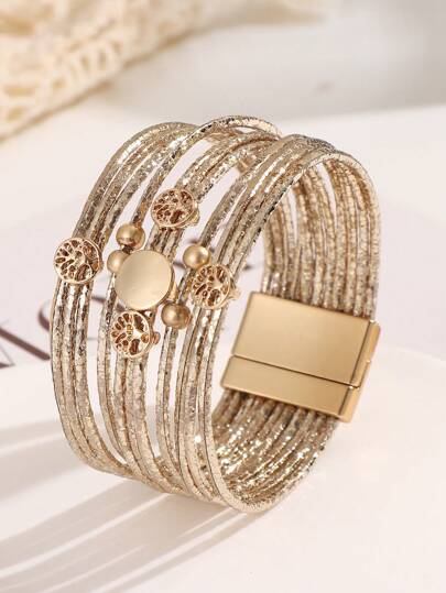 Bohemian Style PU Leather & Beaded Tree Of Life Decor Women Bracelet