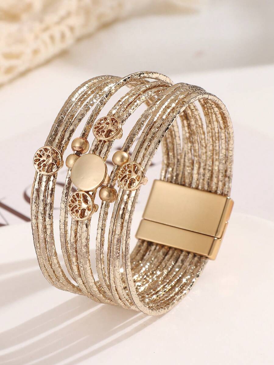 Bohemian Style PU Leather & Beaded Tree Of Life Decor Women Bracelet - Khaki - View 1