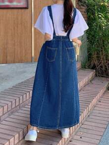 Women's Loose Wide Leg Denim Dress With Non Elastic Front Pocket, Adjustable Lace Up, Casual Loose Denim Shoulder Strap Skirt - Rửa trung bình - Xem 2