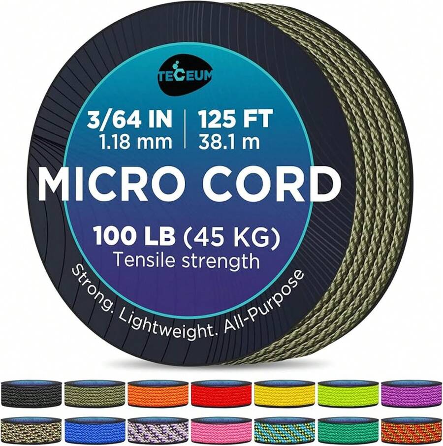 TECEUM Micro Paracord – 118 Mm X 125 Ft – Micro Utility Cord – Thin Braided Paracord Rope – Best Crafting, Projects, Fishing, Camping – Wind Chime – Survival Strong String - 軍綠色 - 查看 1
