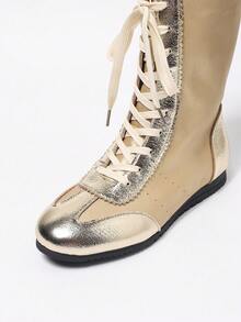 金色侧拉链系带圆头平底舒适休闲百搭中筒靴