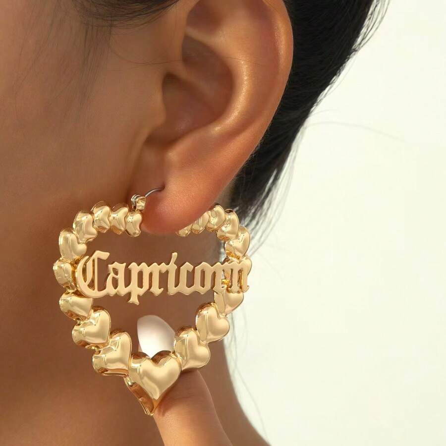 1 Paar stylische, übertriebene amerikanische Hip-Hop Sternzeichen & Buchstaben Creolen, Geburtstagsgeschenk - Goldgelb - Übersicht 1