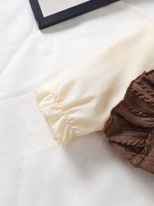 Conjunto de 2 peças de blusa e calça afunilada com gola Peter Pan e babados florais para bebês meninas, adequado para uso ao ar livre no outono/inverno - Castanho - Ver 6