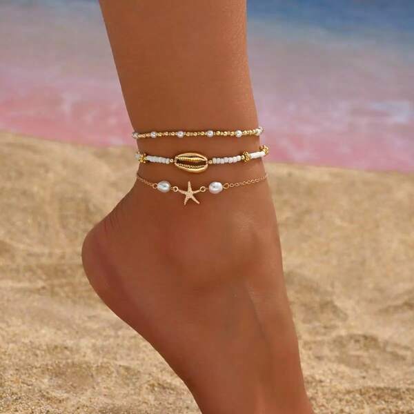 Set da 3 pezzi Cavigliera con perline a forma di stella marina, stile estivo da spiaggia, gioielli per i piedi, adatti per uso quotidiano, vacanze, feste in spiaggia