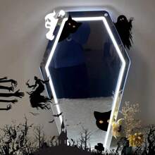 1 pièce Miroir mural néon en forme de cercueil gothique, alimenté par USB, surface en verre, style décoratif asymétrique. Convient aux passionnés d'art sombre et aux cadeaux de fête. Décoration d'Halloween, décoration de maison, décoration de fête, décoration de chambre, décoration de jardin d'Halloween pour cadeau de fée
