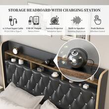 SIBEDS Black PU Leather Bed Frame With LED Lights, Storage Drawers, Galaxy Projector, Charging Station, Speaker, Aurora Lighting, 2-Tier Headboard, Noise-Free Design - 聚氨酯黑色 - 查看 5