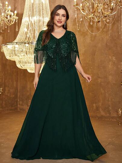  SUPGIR 大码女士优雅V领高品质亮片拼接雪纺流苏袖修身长款晚礼服