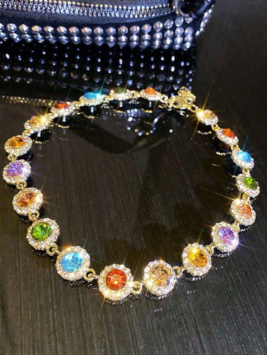 Elegant Stylish Colorful Rhinestones Necklace Decorative Accessories Holiday Birthday Party Gift For Girls - Vàng - Xem 1