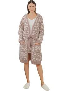 Bearberry Hooded Robe Cozy Leopard Robe Lightweight Soft Plush Bathrobe With Pockets For Women - Stone/Cream - View 1