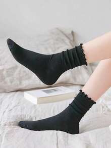 10 双女式白色荷叶边休闲百搭中筒袜，秋季袜子