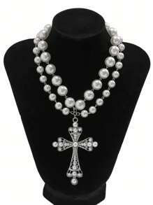 1pc Double Layer Big Size Faux Pearl Cross Necklace, Women's Fashion Geometric Alloy Jewelry Chain Necklace, Personalized Elegant Choker Necklace