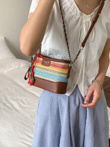 Bolso de paja tejido colorido para mujeres, último modelo de moda para playa, vacaciones de verano y uso casual, bolso de hombro y bandolera para teléfono