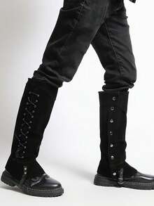 1 双维京海盗靴套，中世纪文艺复兴蒸汽朋克靴套，适合万圣节服装、角色扮演、文艺复兴博览会 - 黑色A - 查看 1