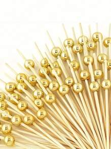 500/200/100PCS Cocktail Picks, Fancy Toothpicks For Appetizers, Decorative Skewers For Appetizers Drinks Party Fruit, 4.7 Inch Long Wooden Bamboo Gold Ball Food Sticks Charcuterie Boards Accessories