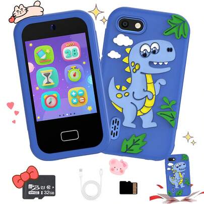 儿童智能手机玩具，配备双摄像头、游戏、MP3播放器、USB充电、多种滤镜和贴纸，幼儿音乐播放器，功能包括游戏闹钟、讲故事、绘画、计算器、视频播放，适合3-12岁男孩女孩，儿童手机玩具，最佳返校和生日礼物。