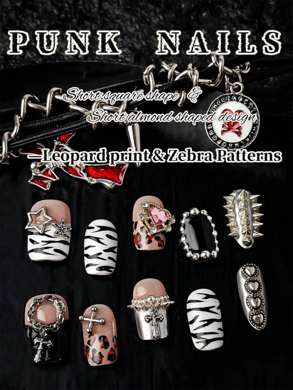 Original Design, Handmade, 10 Punk Style Nails, Long (Short) Square Shaped Fake Nails, Short Almond Shaped Fake Nails. The Perfect Fusion Of Zebra Print And Leopard Print Makes You A Unique Punk Girl. The Heavy Metal Texture And Clever Design Of The Rivet Elements Allow You To Wear Two Types Of Armor On Your Hands, Suitable For Women And Girls To Wear At Daily Holiday Dances To Enhance Your Appearance. Press On Your Nails