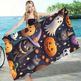 1pc Halloween Microfiber Beach Towel, Super Absorbent & Quick Drying Swimming Towel, Lightweight & Soft Beach Blanket, Ideal For Beach, Swimming, Outdoor Camping Travel, Essential Beach Accessory