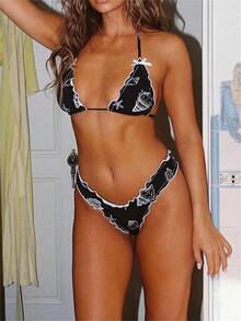 Alyweatry Women Y2K Bikinis Sets Coquette Aesthetic Bows Halter Tie Up Bikini Top High Cut Elastic Waist Bikini Bottom - 荷葉邊飾邊黑色貝殼印花 - 查看 3