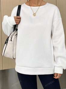 Plus Size Plain Round Neck Long Sleeve Casual Sweatshirt, Autumn/Winter
