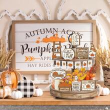 1/70 Sets disponibles, Set de 15 piezas de decoración de bandeja en niveles de madera con temática de Acción de Gracias y otoño, que incluye decoración de bandeja con calabazas de granja, gnomos de otoño, hojas de arce y otros decoraciones de otoño y cosecha para el hogar, sin bandeja