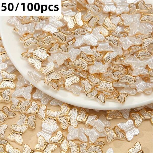 100 Peças 11 * 14mm Contas Acrílicas em Forma de Borboleta de Carimbo a Quente Bege, Adequadas para Pulseiras, Colares, Anéis e Correntes de Telefone Celular DIY. Contas Elegantes e na Moda para Acessórios de Produção de Joias