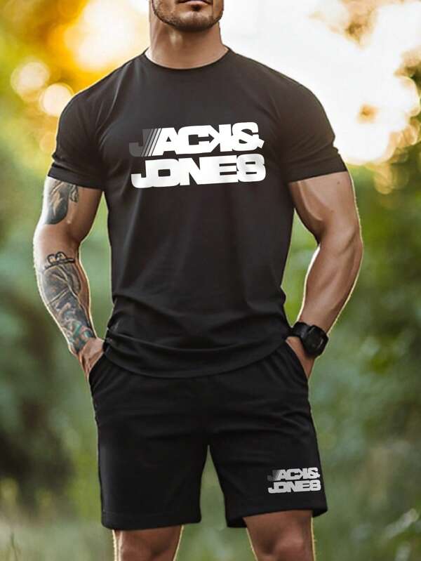 2pcs Men's Casual Summer Set - Short Sleeve T-Shirt And Drawstring Shorts, With Round Neck Muscle Workout T Shirt Gym Versatile & Comfortable, Sports Outdoor Active Bodybuilding Top Boyfriend Style Casual Wear Letter & Graphic Print, Regular Fit, Pocket Design