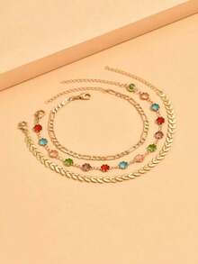 3pcs/Set Fashion Multi-Layer Gold Anklet, Charming Women Beach Party Sparkling Colorful Crystal Anklet, Suitable For Daily Gathering, Beach Vacation, Handmade Adjustable Length, Random Color Arrangement Of Colorful Glass Crystal - 彩色 - 查看 3
