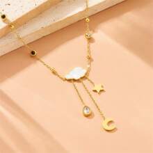 1 peça feminina banhada a ouro 18K em aço inoxidável com estrela, lua, gota d'água, zircônia em nuvem, joias da moda com pérolas