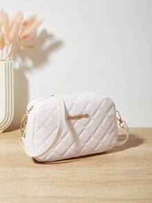 1 件女士菱形刺绣斜挎包、绗缝单肩包，带金属字母装饰和手机/零钱包