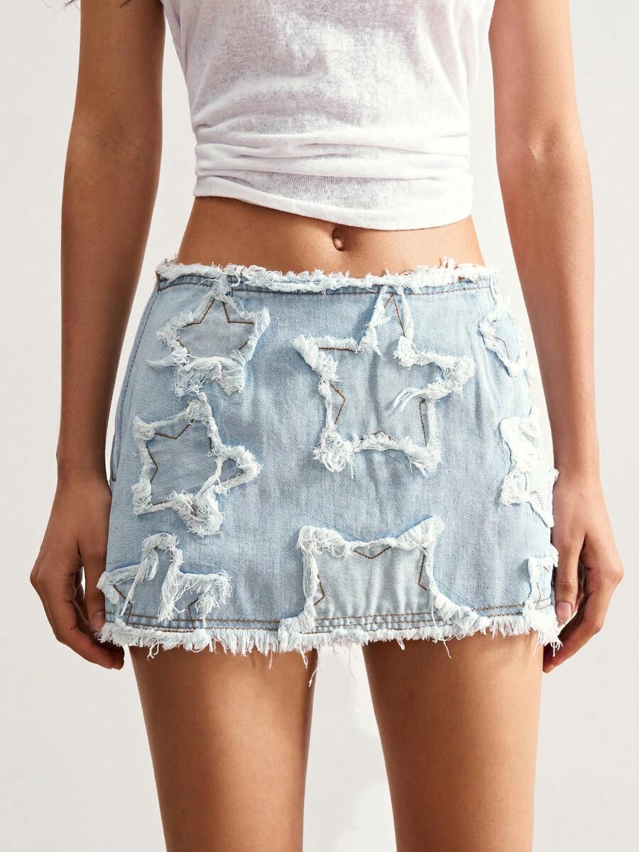 Bohemela 女式星星贴花毛边牛仔裙 - 淺色水洗藍 - 查看 1