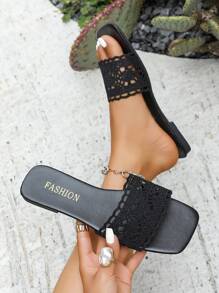 Bohemian Hollow Out Woven Black Casual Slip-On Sandals For Women, New Summer Beach Vacation Slippers