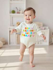 Baby Girl Boy Birthday Jumpsuit Long Sleeve Round Neck Letter Print Loose Romper - Multicolor - View 3