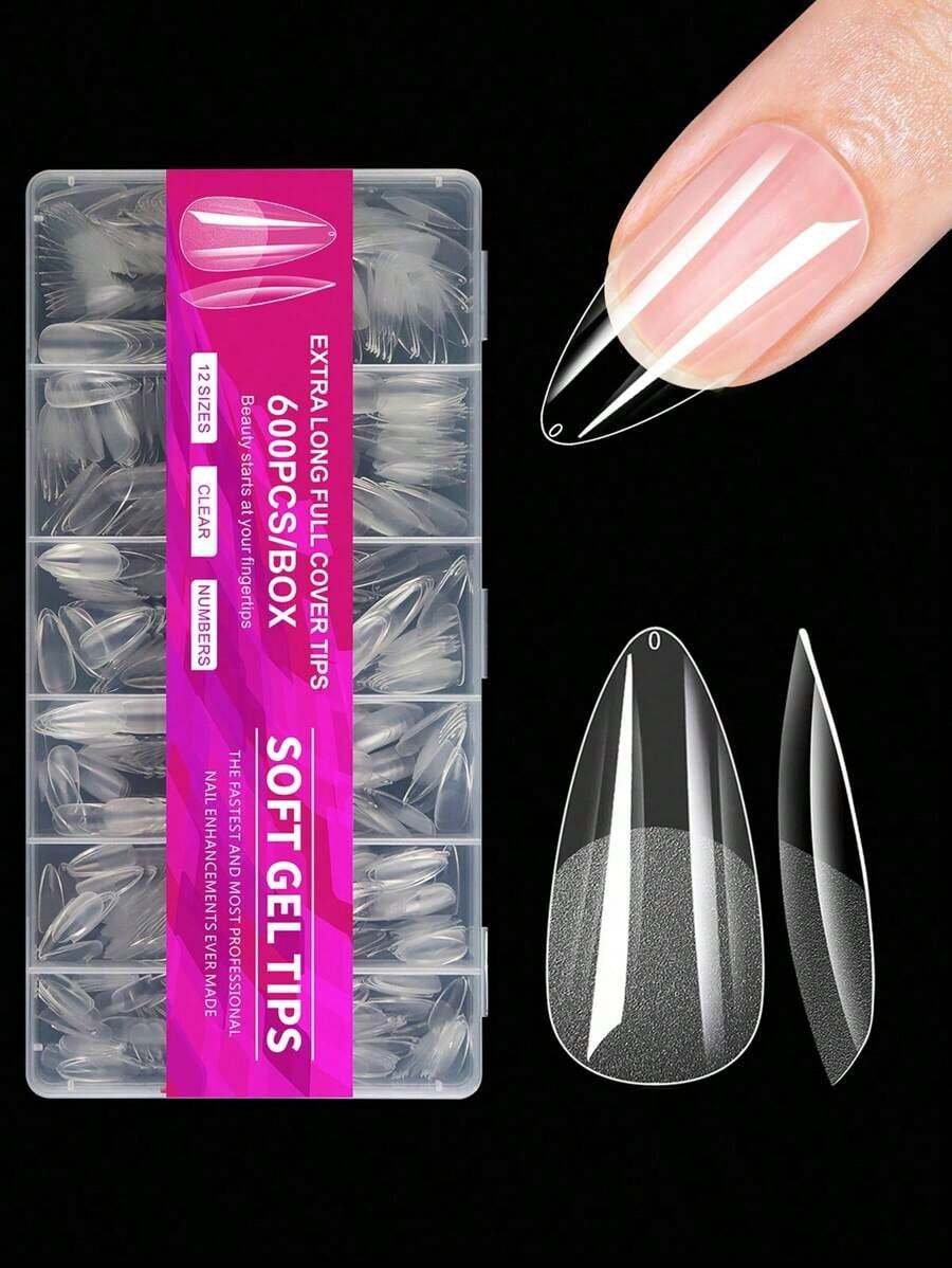 600Pcs Full Cover Press On Nail Tips Stiletto Almond Square Coffin French False Fake Soak Off Gel Nail Extension Tips Capsule Press On Nails Nail Supplies - Clear 3 - 查看 1