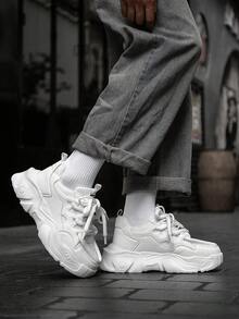 男士独特纯白色 3D 装饰系带低帮运动鞋，双带设计户外休闲运动鞋