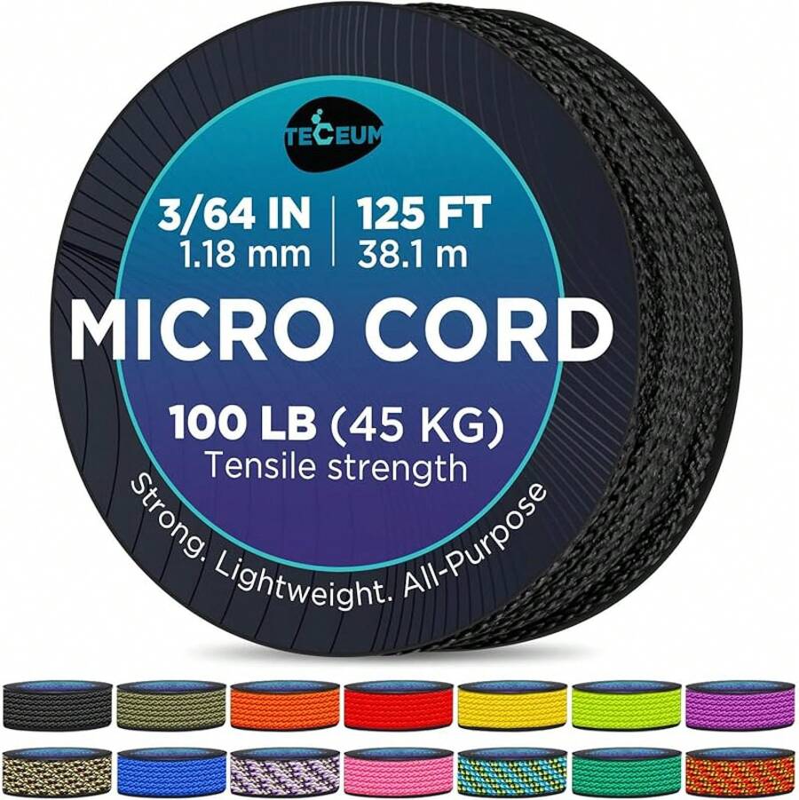 TECEUM Micro Paracord – 118 Mm X 125 Ft – Micro Utility Cord – Thin Braided Paracord Rope – Best Crafting, Projects, Fishing, Camping – Wind Chime – Survival Strong String - 黑色 - 查看 1