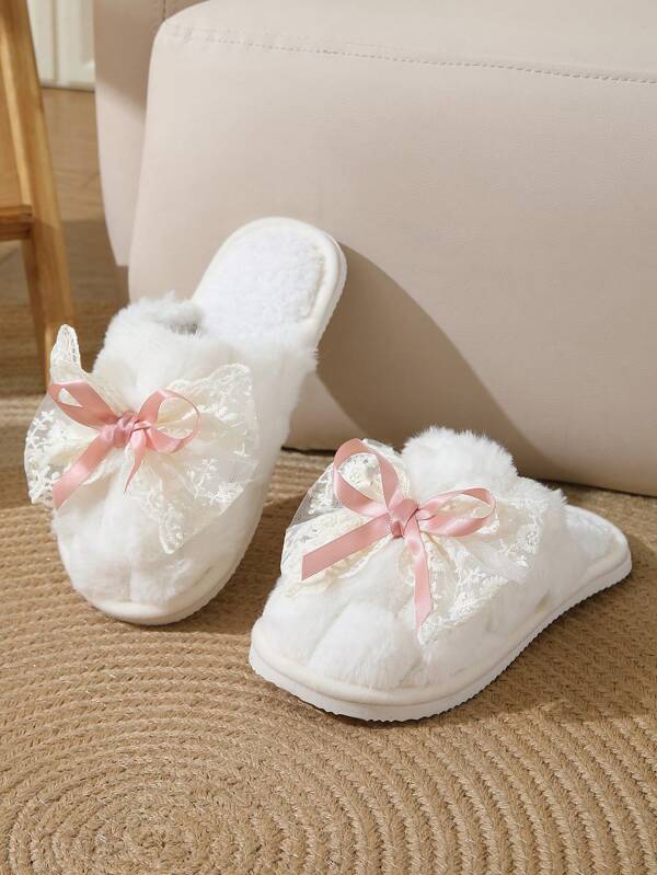 Pantufas femininas de veludo com laço e renda, estilo outono/inverno, com sola grossa e antiderrapante, para uso interno/externo, estilo feminino, para casais e meninas