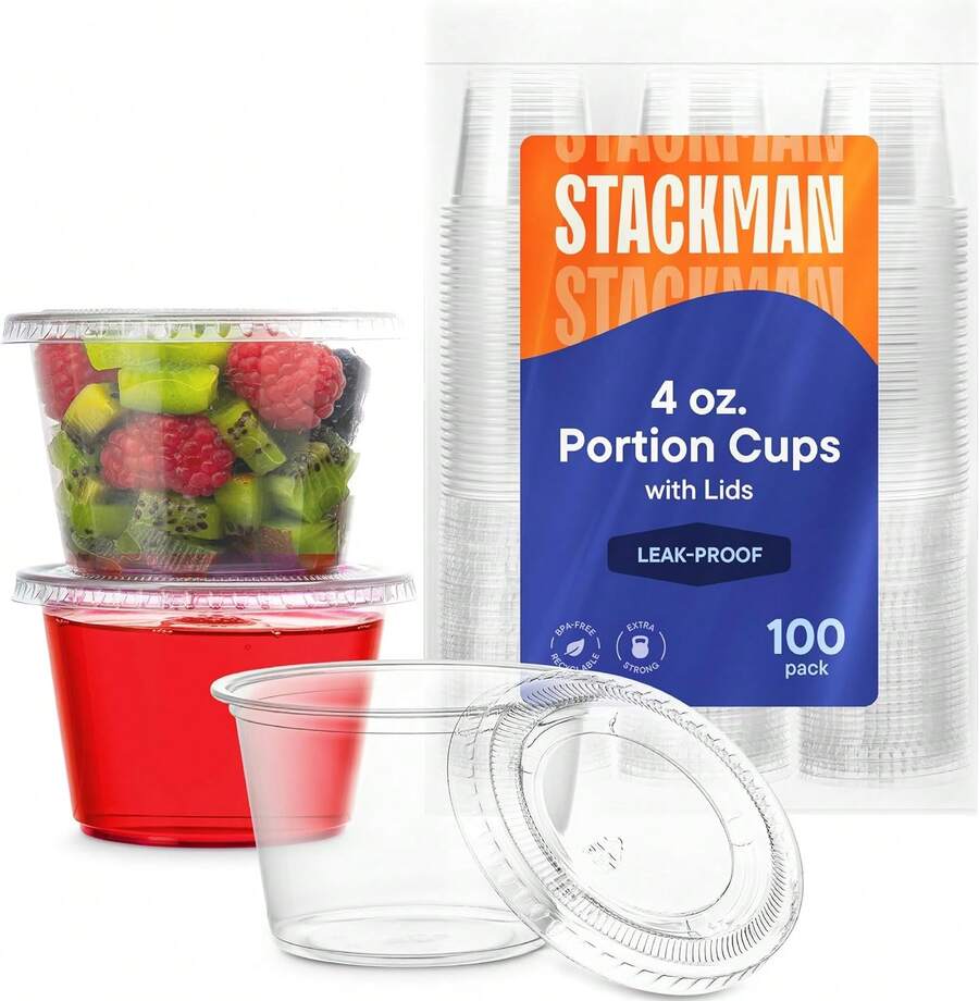 Disposable Mini Plastic Souffle Cups With Lids [100 Sets - 4 Oz] Jello Shot Cups, Jell-O Portion Cups, 4 Ounce Dipping Sauce Ramekins, Salad Dressing Container Cup ,Small Plastic Condiment Containers - Màu be - Xem 1