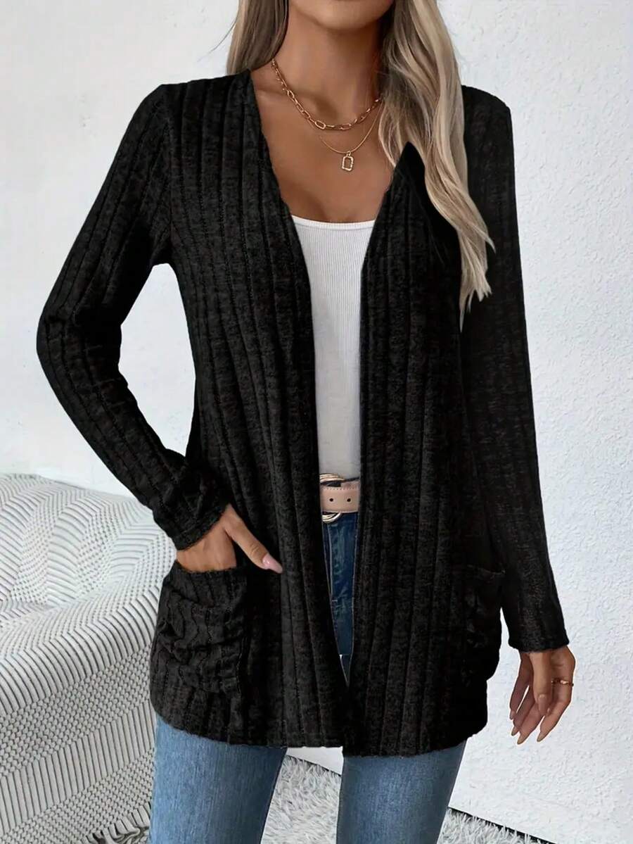 Áo khoác cardigan dài tay nữ màu trơn có sọc ở nách, chất liệu mềm mại, có túi gập, kiểu dáng mới thu đông, xuất khẩu xuyên biên giới châu Âu và Mỹ, màu đen mùa xuân.