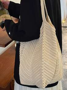 Bolso de playa de verano, bolso de mujer de malla tejida con lazo, bolso de mano con gran capacidad, bolso de compras de unicolor para vacaciones y viajes de verano. Bolso de tela de rafia tejido con lazo para mujer. Bolso de hombro grande de casual de rafia, tejido a ganchillo, bolso de compras para mujer.