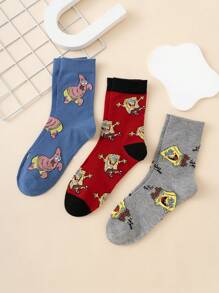 SPONGEBOB 3 Pairs Interesting Personalized Cartoon Cute Multicolor Jacquard SpongeBob Series Face Mid-Calf Socks, Sports Style, All Season, European & US Sizes, Comfortable Breathable , Rich Colors, Suitable For Daily Wear, Premium Fabric, Non-Sweaty