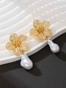 1 Pair Elegant Multi-Color Dopamine-Inspired Golden Flower-Shaped 5-Petal Pearl Earrings, Wedding Gift For Women