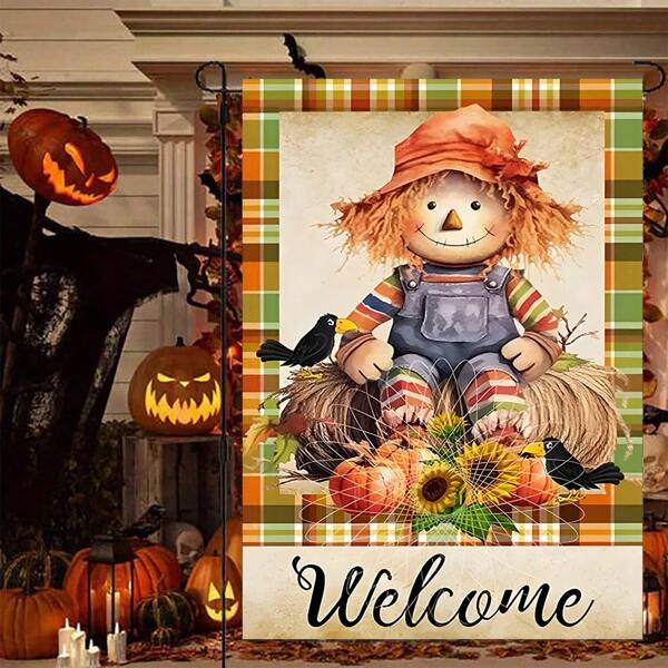 1 Stück süße Halloween Gartenfahne, strapazierfähiges Polyester, einseitiges Design, Puppen und Krähen, Kürbis Design, 3D-Drucktechnologie, Größe 17.7in*11.8in, Innen-/Außendekoration, geeignet für Spukhaus, Zuhause, Garten, thematische Partys, Halloween Party