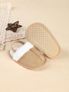 1 双女童纯色新生儿一脚蹬拖鞋，弹性后跟，可爱毛绒衬里婴儿室内/室外拖鞋，适合秋冬季 - 卡其色 - 查看 2