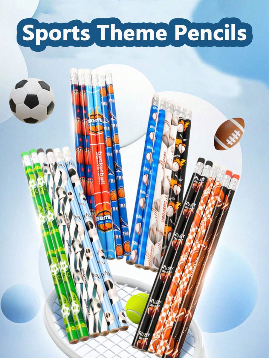 Set di 12 matite a tema sportivo con gomme, matite a tema calcio, baseball, basket, football, forniture per studenti e ufficio, regalo per il ritorno a scuola