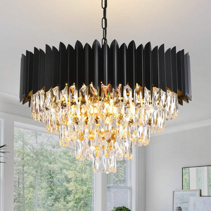 Black Pendant Light, Modern Round Pendant Light, 24 Inches Dimmable, 12 Lamps, Ceiling Pendant Light, 5-Storey Luxury Raindrop, Living Room, Dining Room, Bedroom, Foyer (Bulb Not Included) - 黑色 - 查看 1