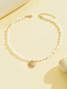 1 件岛屿风格白色天然海螺手工串珠项链，热带天然金贝壳吊坠项链，时尚海洋风格设计，珠宝锁骨链适合女性度假派对和日常佩戴