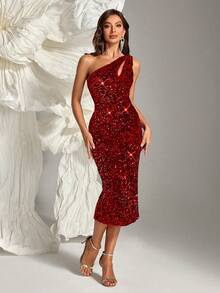 Đầm midi dự tiệc cạp cao, màu trơn, khoét lưng, khóa kéo phía sau, đính sequin, thích hợp cho Giáng sinh, tựu trường, sinh nhật, đám cưới, mùa xuân. - Đỏ - Xem 6