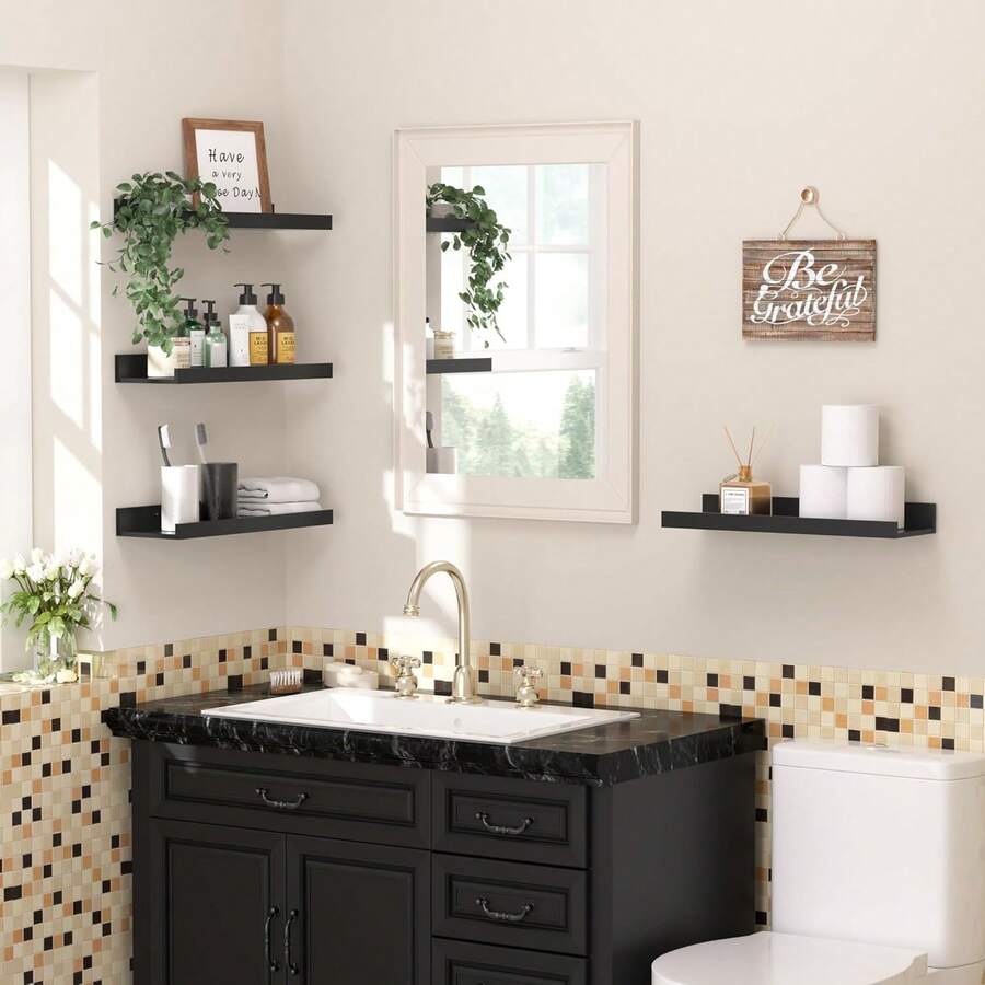 upsimples 3 estantes de Pared Negros, colgadores de Madera, rieles para Cuadros, estantes de Pared, para salón, Dormitorio, habitación Infantil, Cocina y baño (40 x 13 cm) - Negro - Ver 1