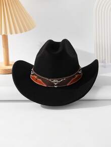 1pc Women's Leather Decorated Knitted Hat, Retro Wide Brim Western Cowboy Hat, Jazz Cap, Fashionable All-Match, Suitable For Spring, Summer, Autumn And Winter - Top Hat - View 6